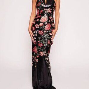 Marchesa Notte black sequin gown dress with 3D flowers -
